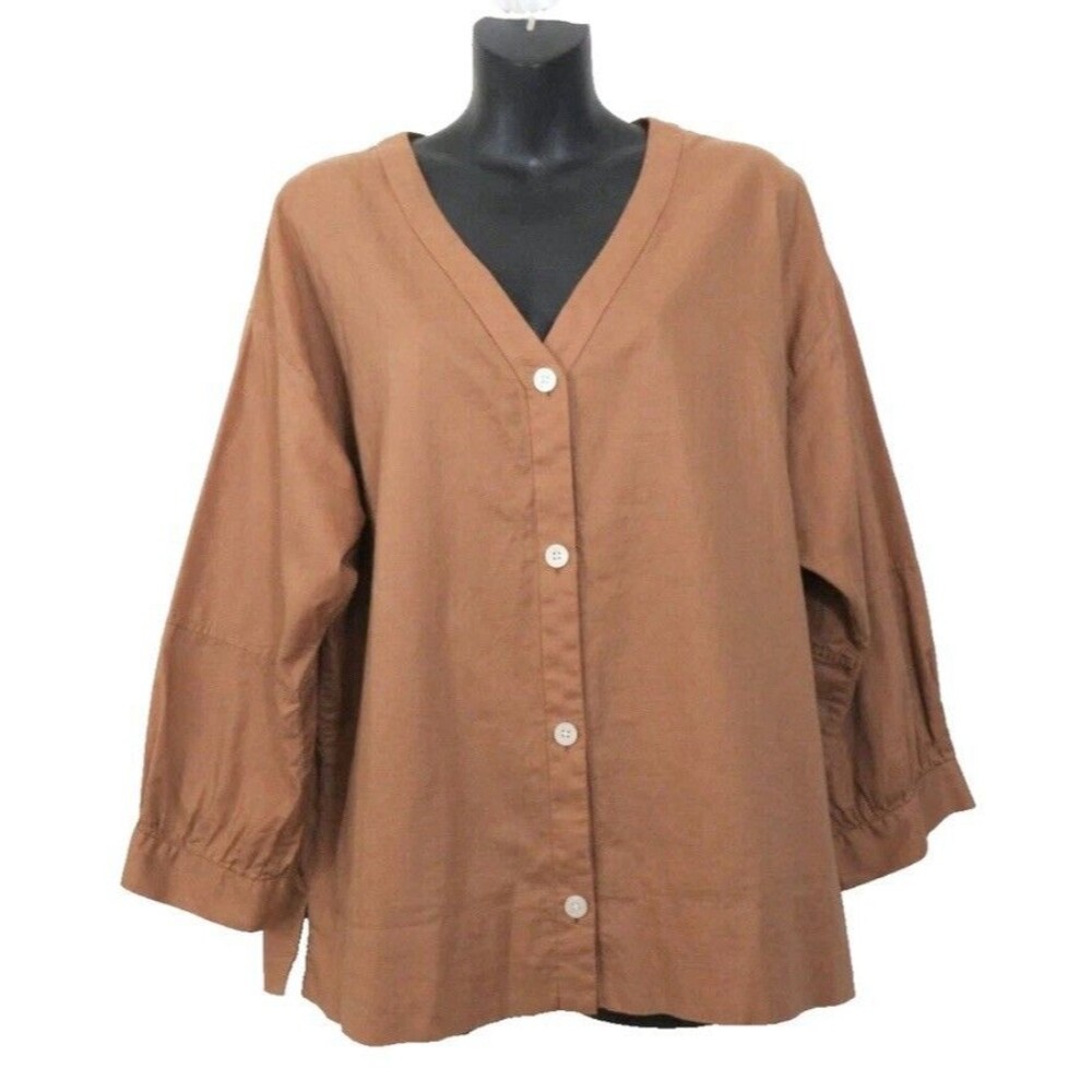 Everlane Blouse Lagenlook Earthy Oversized Button Down Fall Brown Camel Sz 12